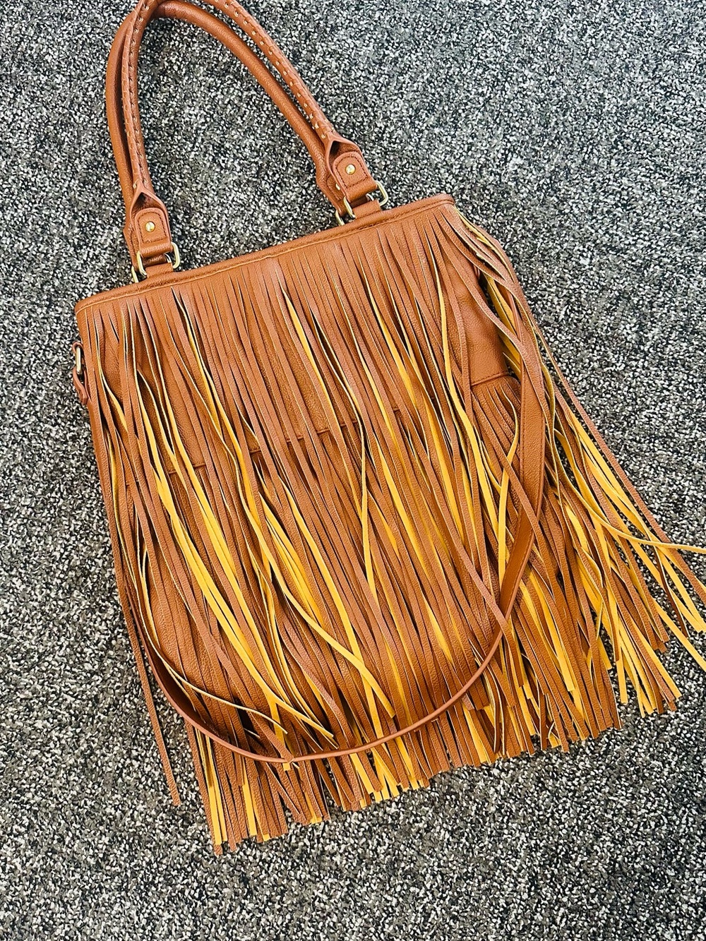Steve Madden Brown Fringe Shoulder Bag with Yellow Strips
